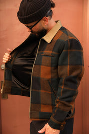 A man wearing a dark brown and black plaid wool jacket with a tan collar, shown opening the jacket to reveal a black satin lining, set against a warm terracotta-colored wall.
