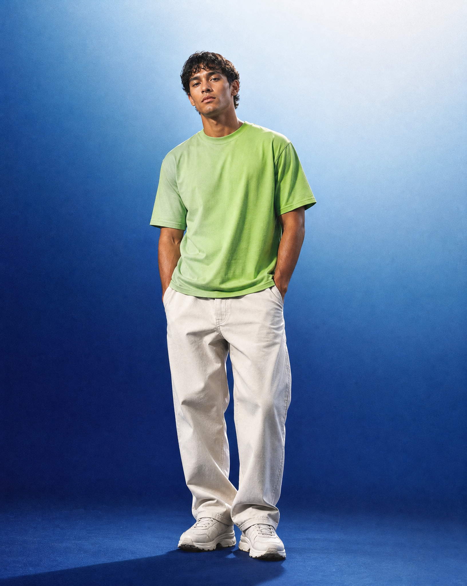 A man wearing a bright lime green t-shirt, off-white trousers, and white sneakers, standing against a blue gradient studio background.