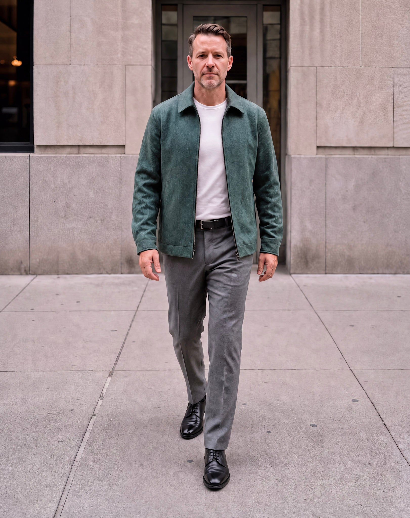 A man walking outdoors on a city sidewalk wearing a dark green corduroy jacket over a white t-shirt, gray trousers, and black dress shoes.