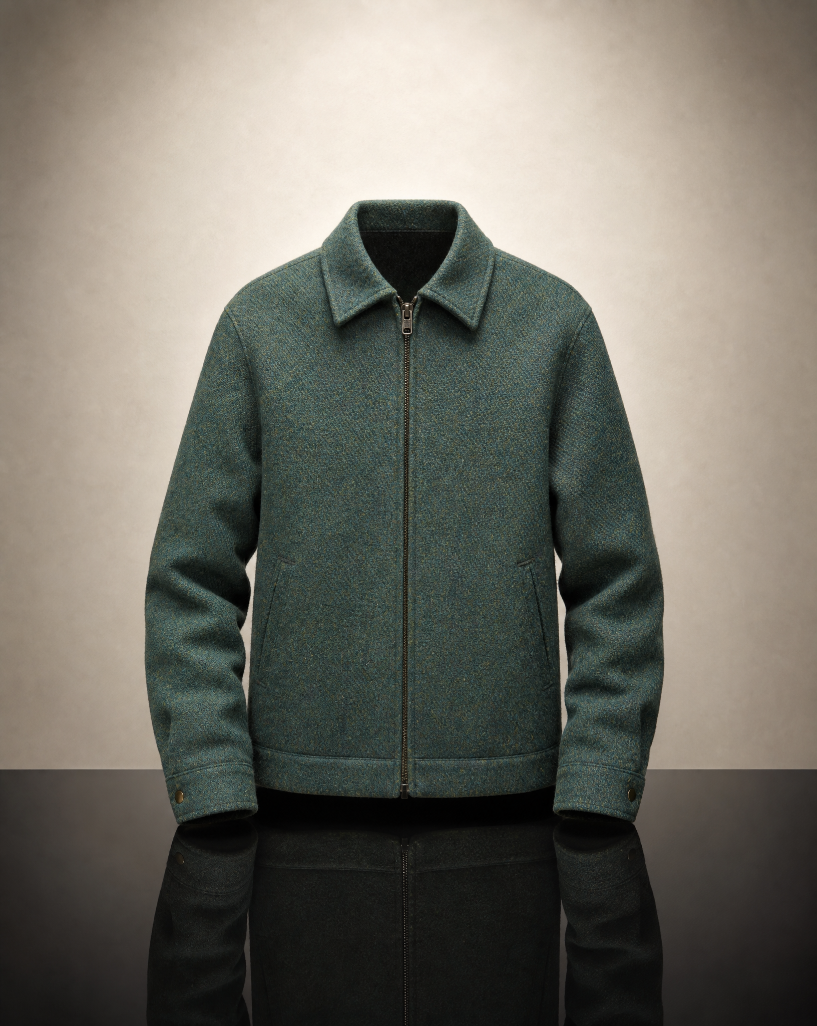 A dark green wool-blend jacket with a zippered front and pointed collar, displayed on a mannequin against a neutral studio background.