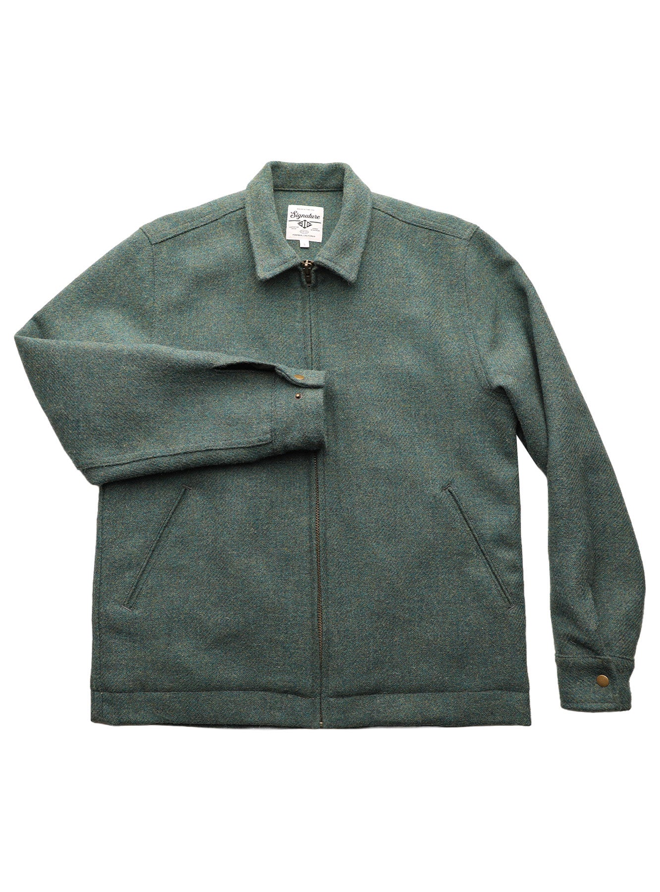 A dark green wool-blend jacket with a zippered front, pointed collar, and long sleeves, laid flat against a white background.