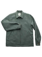 A dark green wool-blend jacket with a zippered front, pointed collar, and long sleeves, laid flat against a white background.